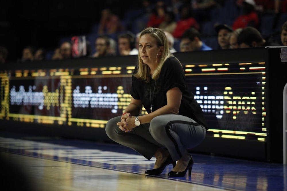 <p>UF head coach Amanda Butler looks on during Florida's 84-75 loss to Ole Miss on Feb. 6, 2017, in the O'Connell Center.&nbsp;</p>