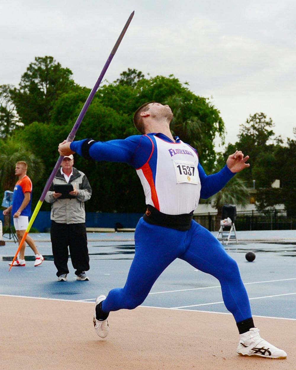 <p>Stipe Zunic throws during the Tom Jones Memorial Classic on April 21, 2012. He set a career-best shot-put mark of 18.57 meters on Saturday.</p>