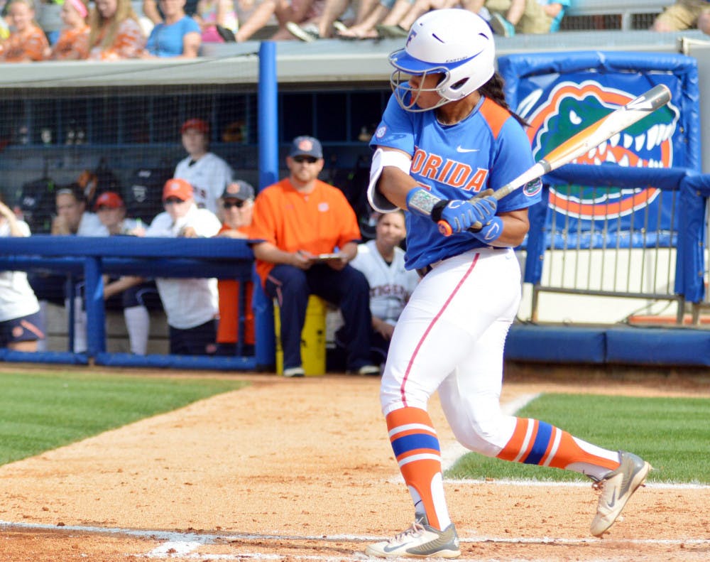 <p>Kelsey Stewart bats during Florida's 7-6 win against Auburn on April 5 at Katie Seashole Pressly Stadium. Stewart finished her sophomore season with a team-best .438 batting average while setting UF's single-season record for hits (102) and tying her record for stolen bases (36).</p>