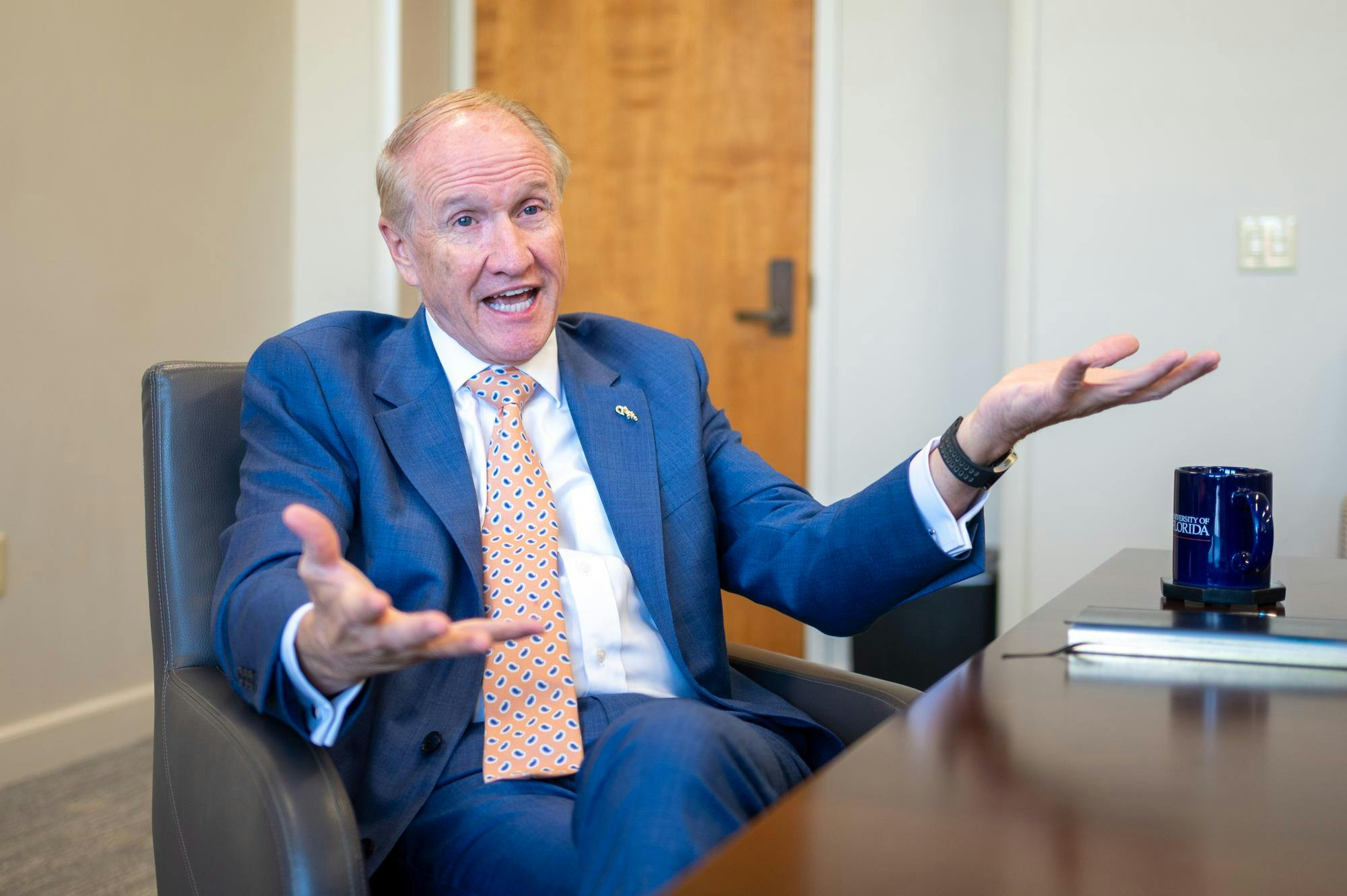 UF President Dr. Stuart Bell speaks during an interview in the Presidential Conference Room at Tigert Hall, Thursday, Aug. 14, 2026, in Gainesville, Fla.