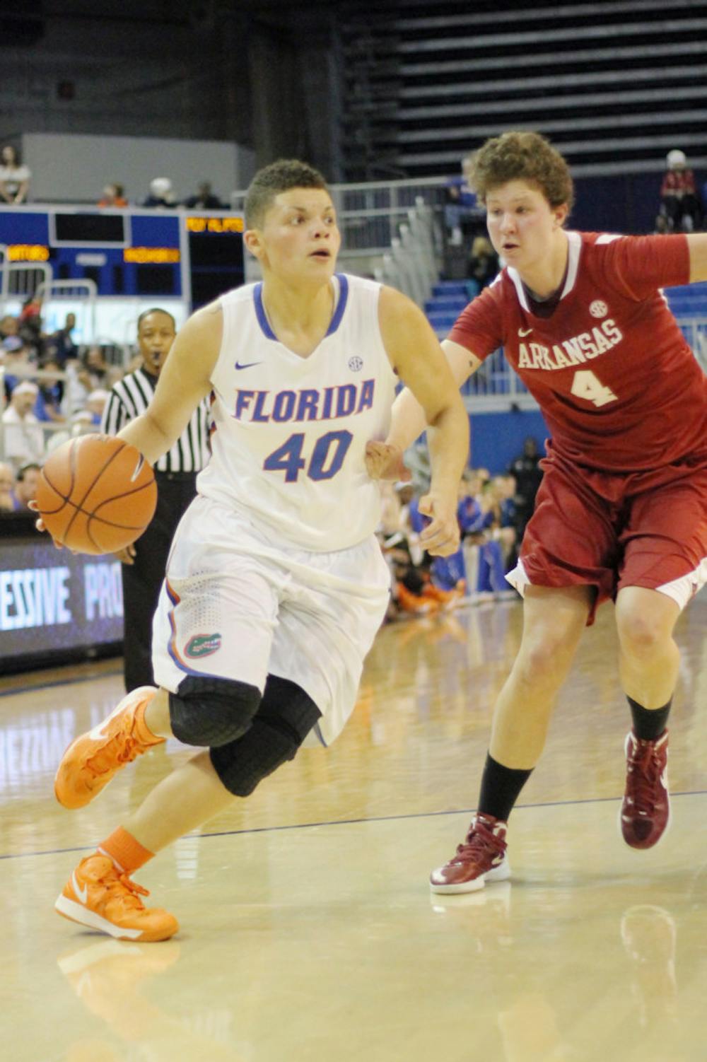 <p class="p1">Freshman guard Sydney Moss (40) drives to the basket during Florida 69-58 win against Arkansas on Feb. 28 in the O’Connell Center.</p>