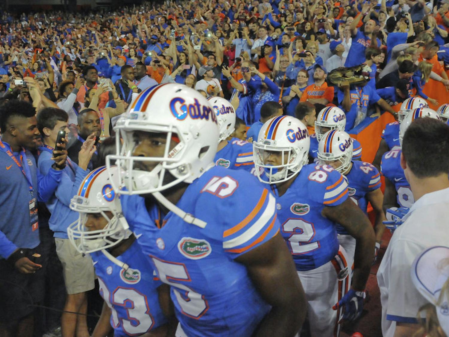 UF football players run out of the tunnel prior to Florida's 27-2 loss to Florida State on Nov. 28, 2015, at Ben Hill Griffin Stadium.