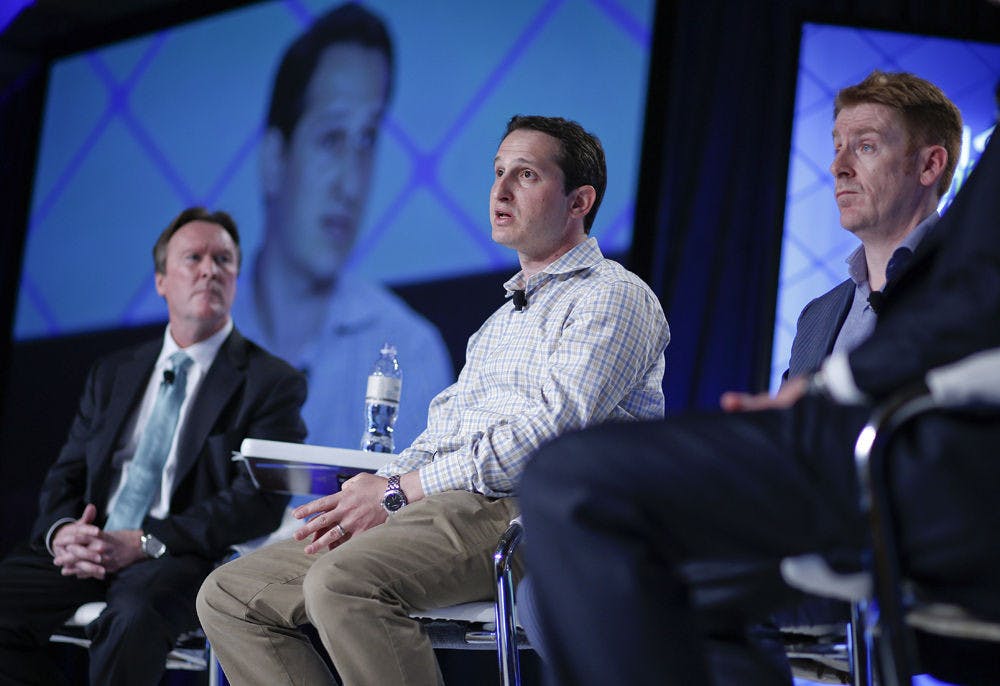 <p>Jason Robins, center, CEO of DraftKings, speaks on a panel at the Global Gaming Expo in Las Vegas.</p>