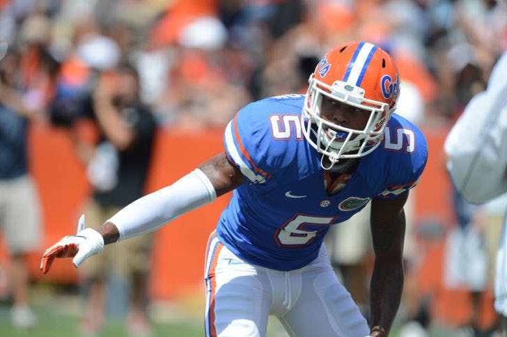 Junior cornerback Marcus Roberson stands at the line of scrimmage during practice on Monday. Roberson led Florida with 12 pass deflections and had two interceptions in 2012.