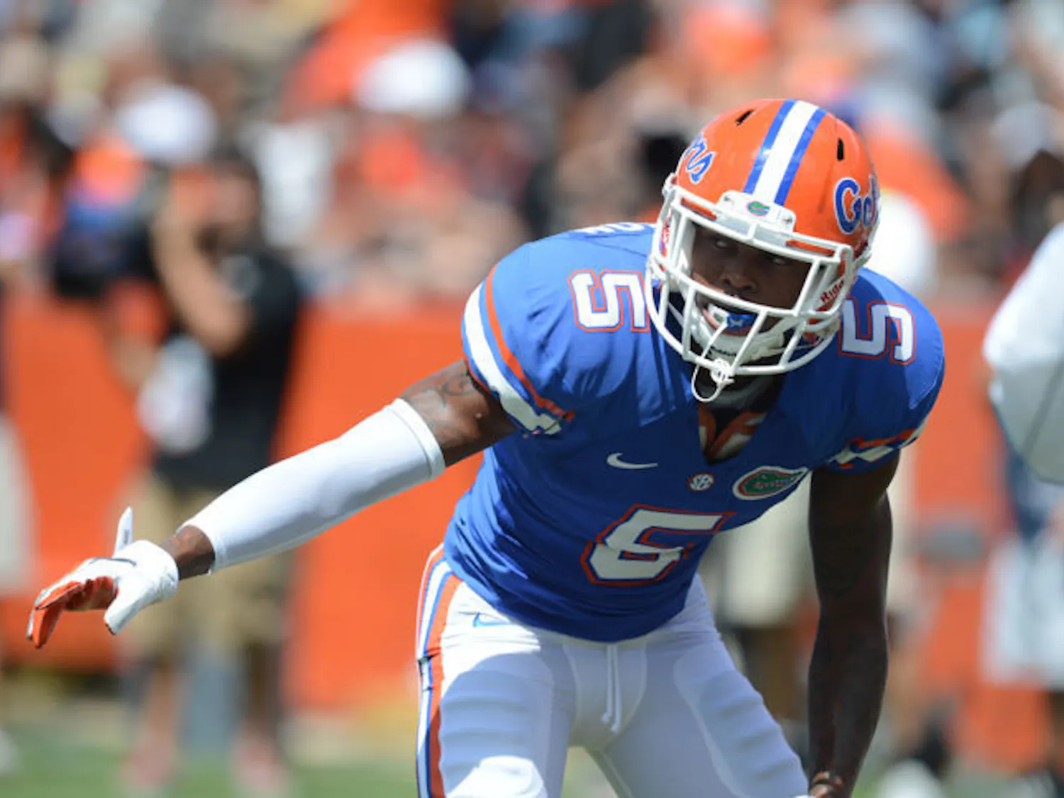 Junior cornerback Marcus Roberson stands at the line of scrimmage during practice on Monday. Roberson led Florida with 12 pass deflections and had two interceptions in 2012.