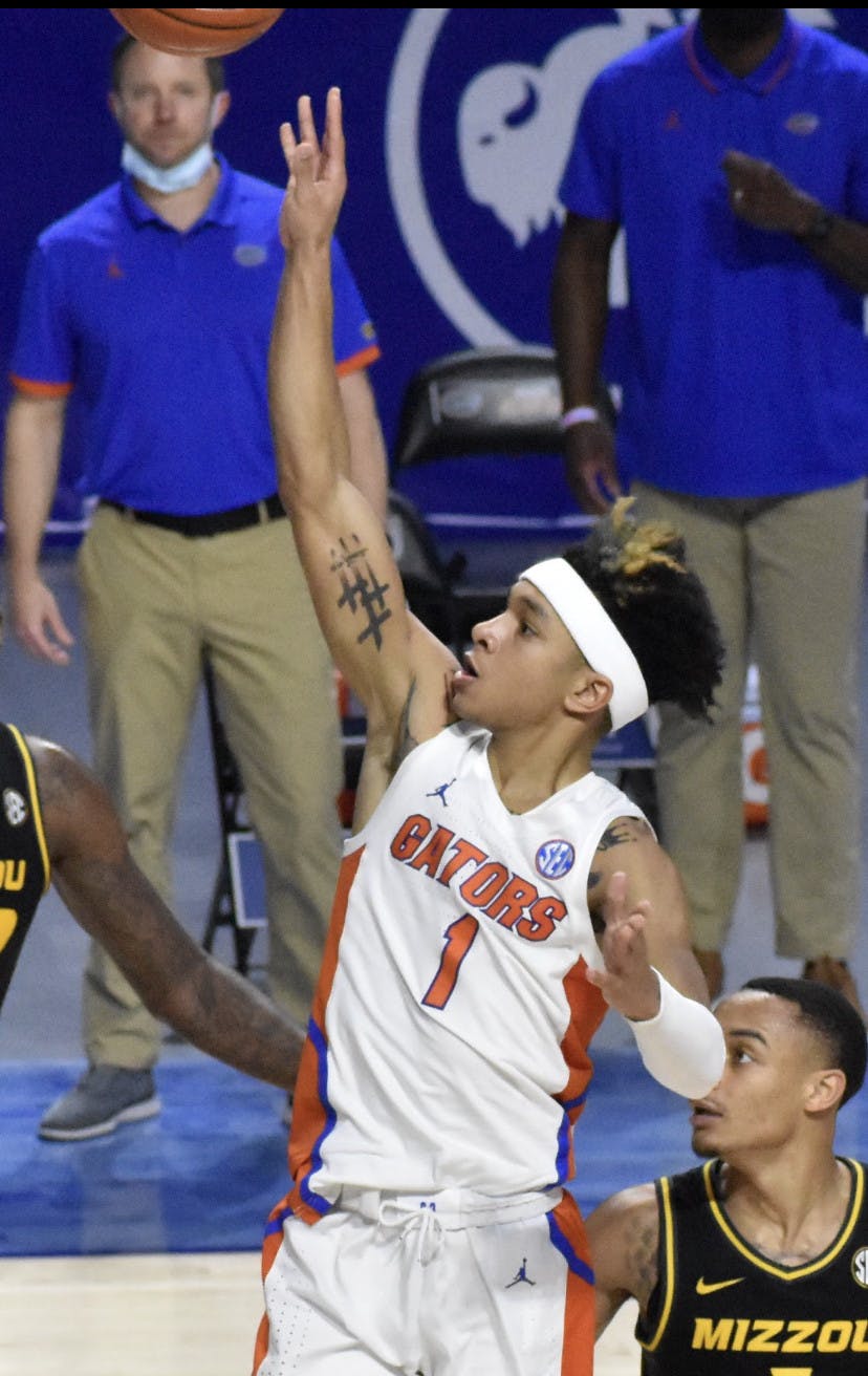 Tre Mann released a floater in a March 4 game against a Missouri. Mann finished with 14 points against Virginia Tech Friday