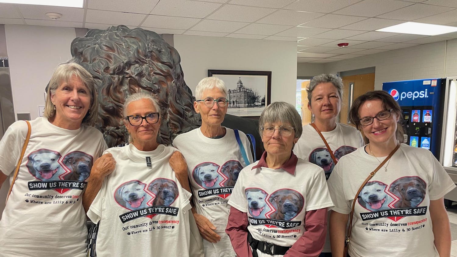 Alachua County Animal Rescue volunteers attended the Board of County Commissioners meeting in matching shirts to comment on the ongoing Animal Resources investigation on March 10, 2026, in Gainesville, Fla.