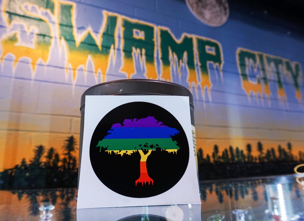 A Pride Tree sticker at Swamp City Gallery Lounge on Sunday, June 13, 2021. Swamp City is running a pride month campaign, where patrons can take a photo of pride tree stickers placed in different locations for a chance to win $300 worth of accessories and products.