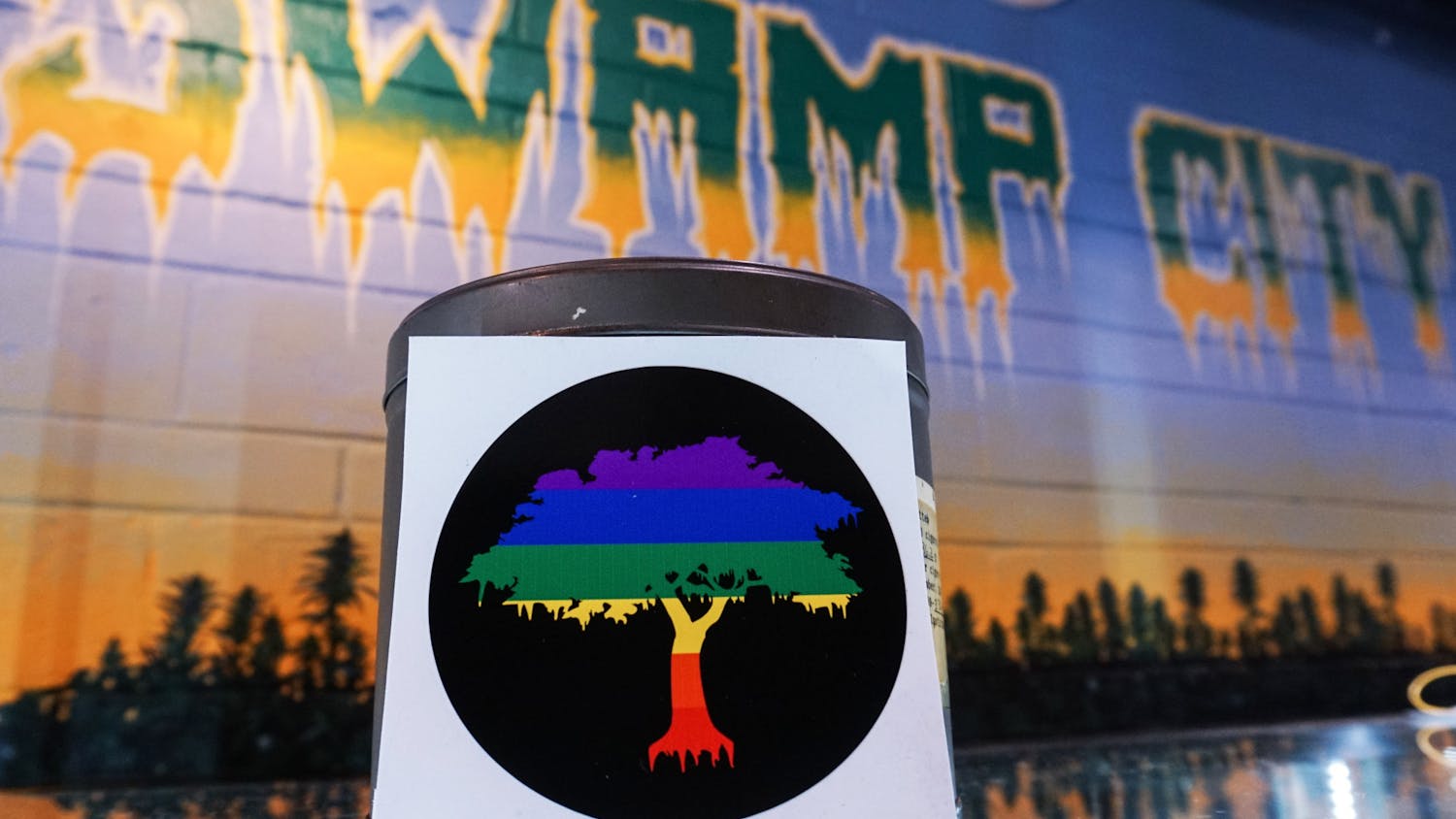 A Pride Tree sticker at Swamp City Gallery Lounge on Sunday, June 13, 2021. Swamp City is running a pride month campaign, where patrons can take a photo of pride tree stickers placed in different locations for a chance to win $300 worth of accessories and products.