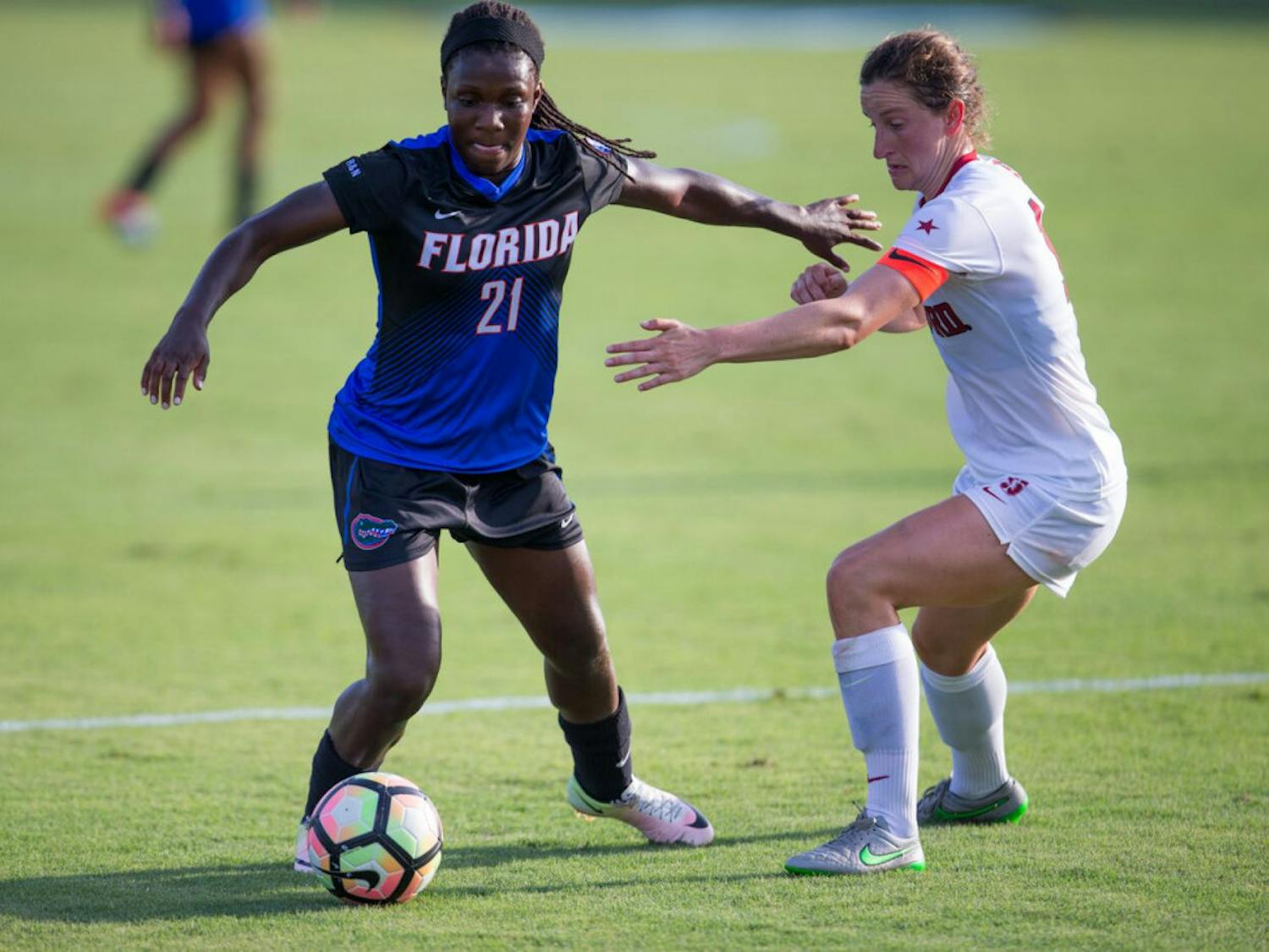 Deanne Rose holds off a defender during Florida's 3-2 win against Stanford on Aug. 25, 2017, at Donald R. Dizney Stadium (photo by Matt Stamey/courtesy of Florida).