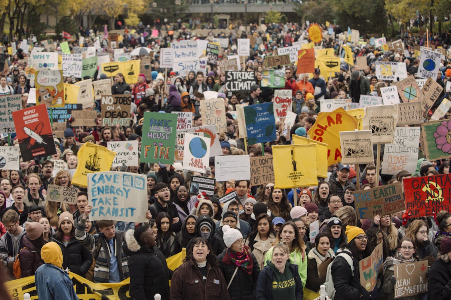 Marchers gather for the Climate Strike in Edmonton, Alberta, on Friday, Sept. 27, 2019. (Amber Bracken/The Canadian Press via AP)