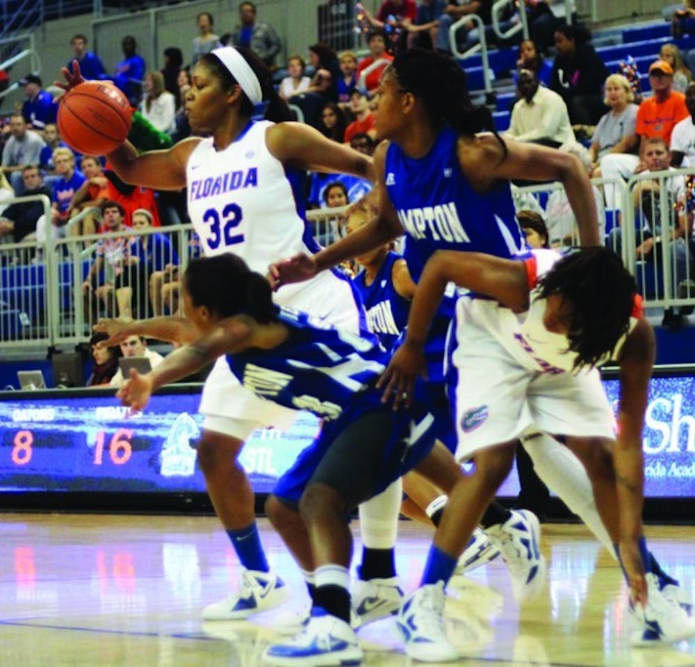 <p>Florida junior forward Jennifer George (32) finished with her fifth career double-double in UF’s 63-46 win against Hampton on Tuesday. George led a dominant post game that helped the Gators erase last year’s loss to the Pirates.</p>
