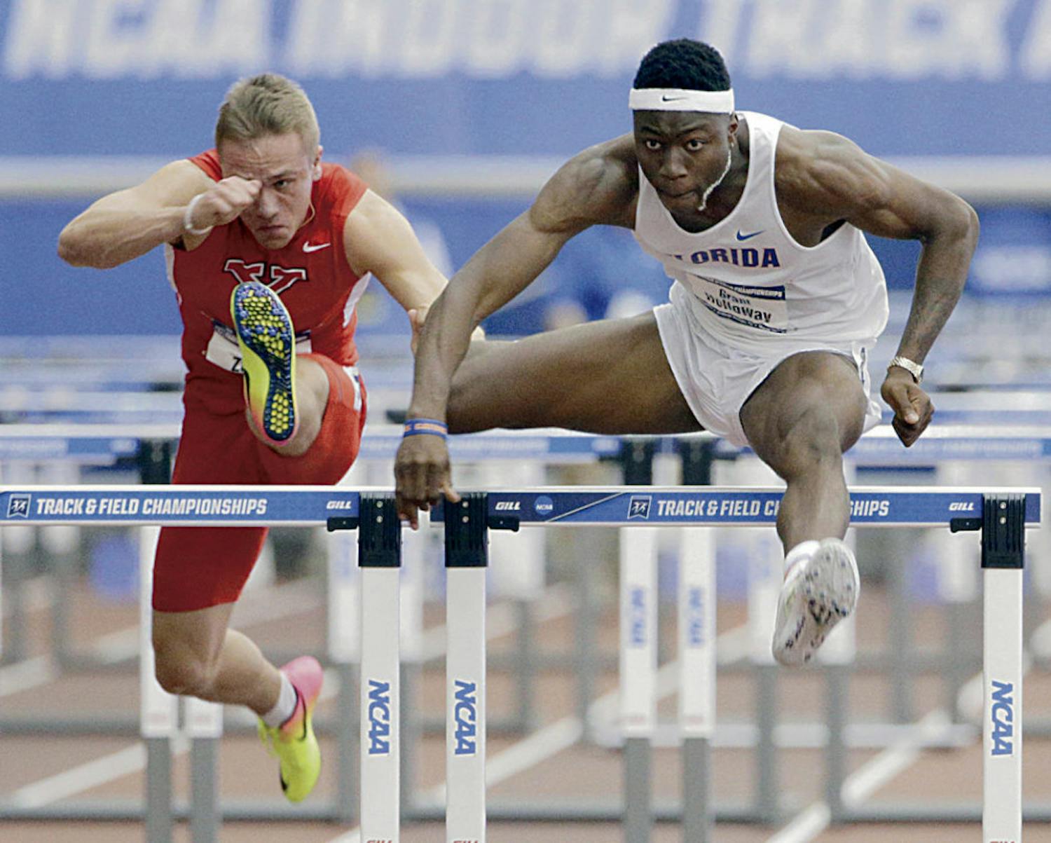 Grant Holloway competes in the 60-meter hurdles final at the 2017 NCAA Outdoor Championships in Eugene, Oregon.