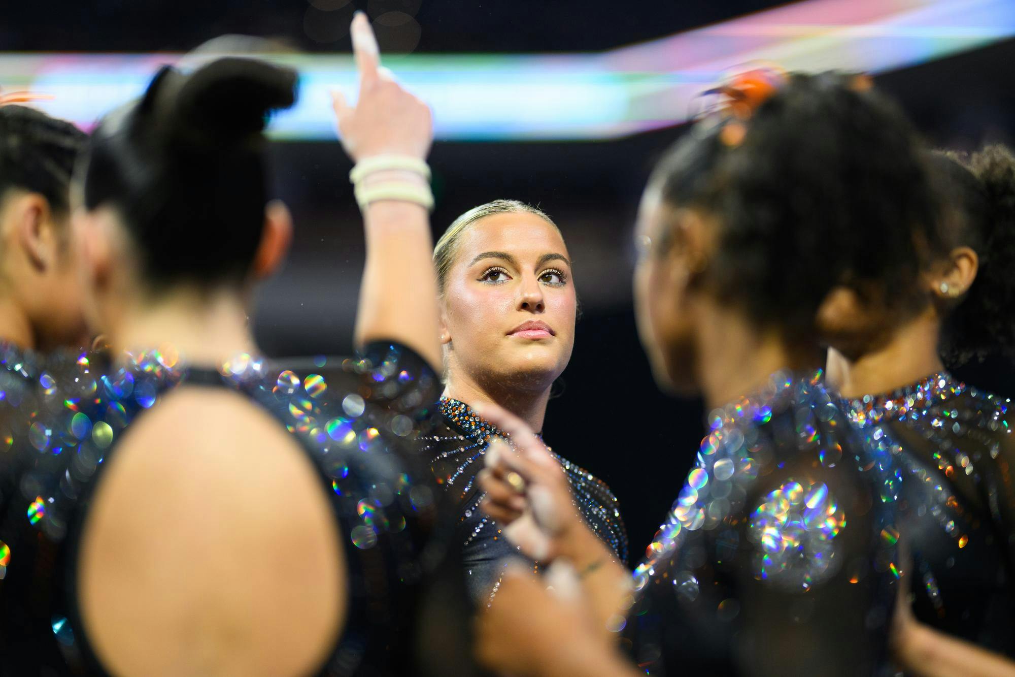 Florida gymnast Skylar Draser leades a team huddle before beam in the NCAA gymnastics National Championship against Oklahoma, LSU and Minnesota, Saturday, April 18, 2026, in Fort Worth, Texas.
