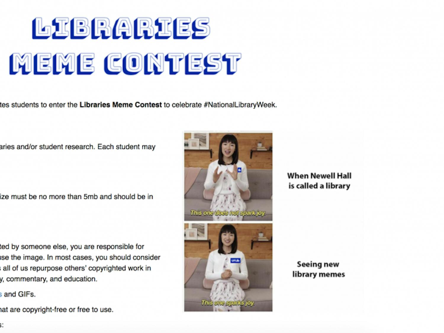 George A. Smathers Libraries is holding the first annual meme contest in the Facebook group Swampy UF memes for top ten public teens for students to submit their best library-related content for a chance to win various prizes.