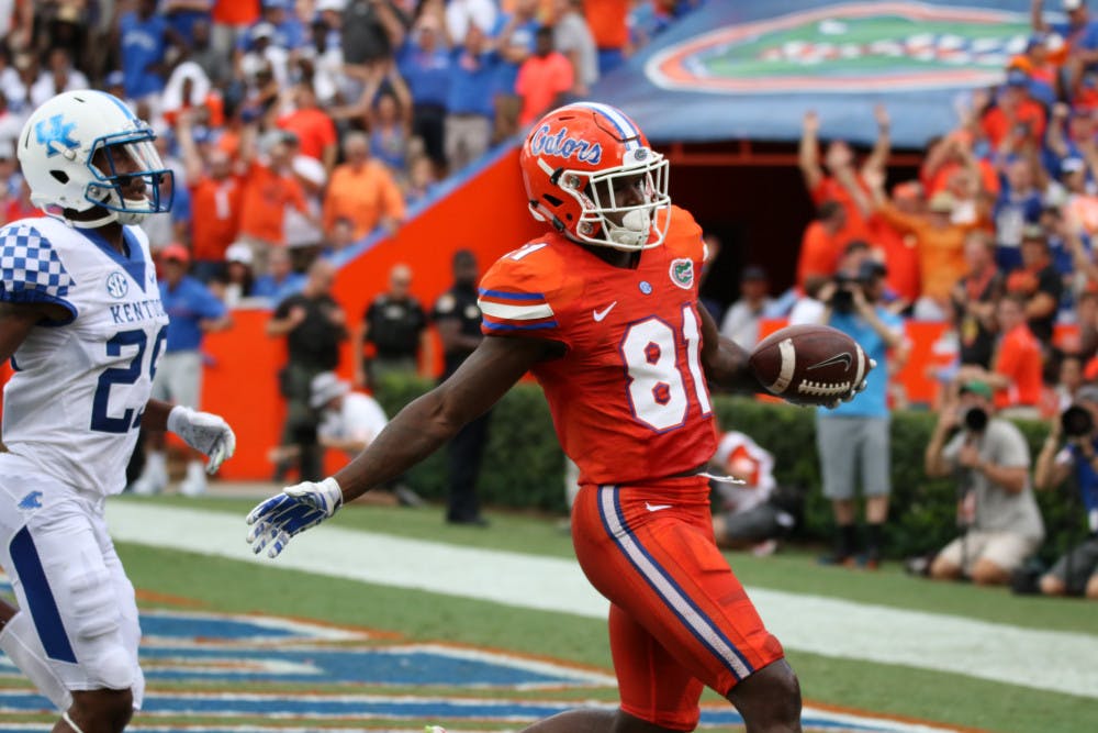 <p>Florida receiver Antonio Callaway celebrates after scoring a touchdown during UF's 45-7 win over Kentucky on Sept. 10, 2016, at Ben Hill Griffin Stadium.</p>