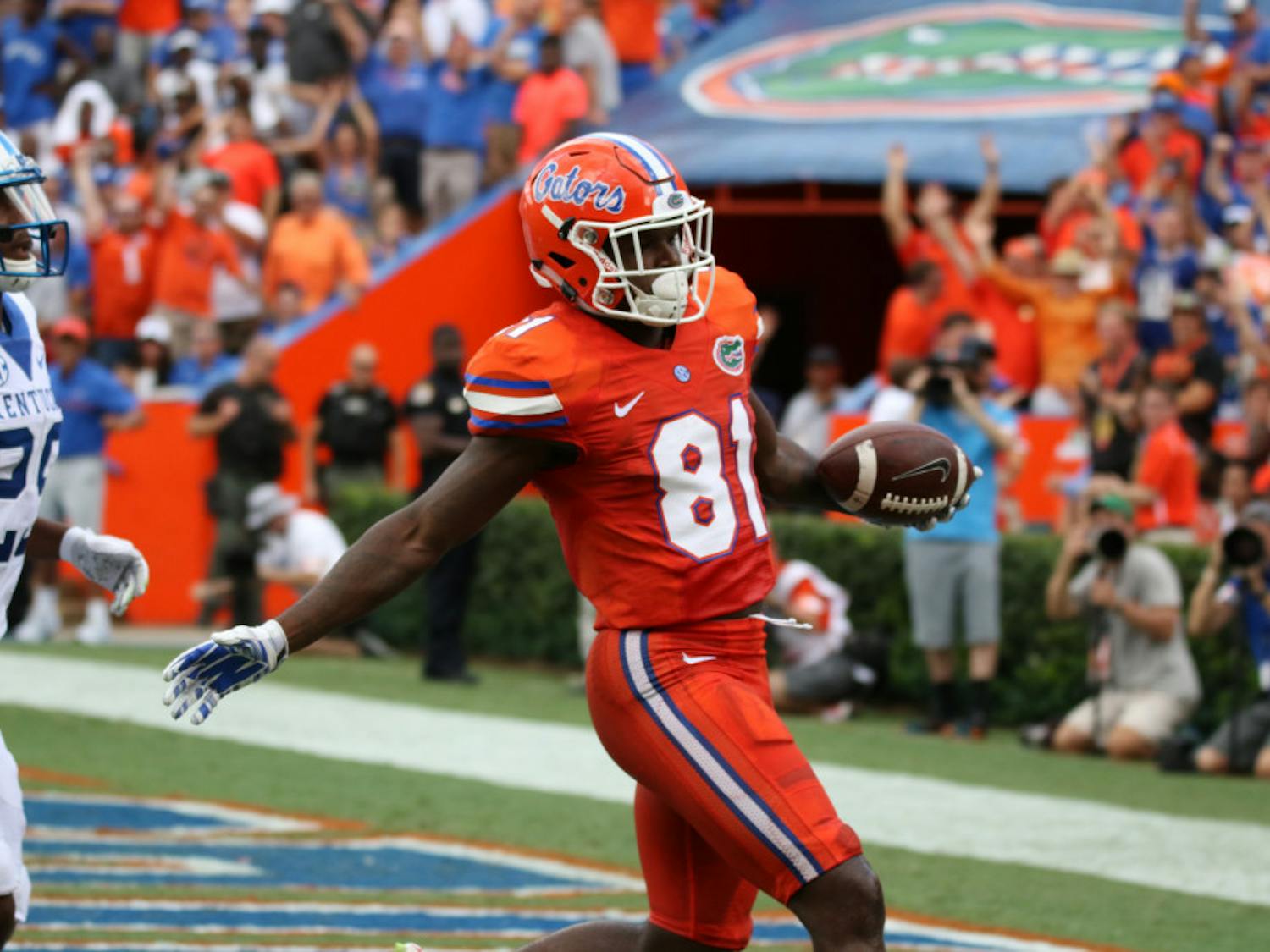 Florida receiver Antonio Callaway celebrates after scoring a touchdown during UF's 45-7 win over Kentucky on Sept. 10, 2016, at Ben Hill Griffin Stadium.