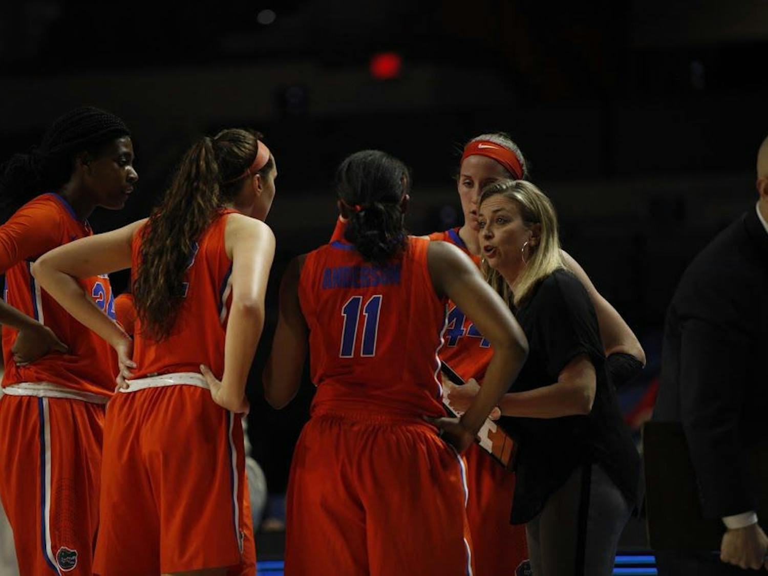 UF head coach Amanda Butler talks to her team during Florida's 84-75 loss to Ole Miss on Feb. 6, 2017, in the O'Connell Center. 