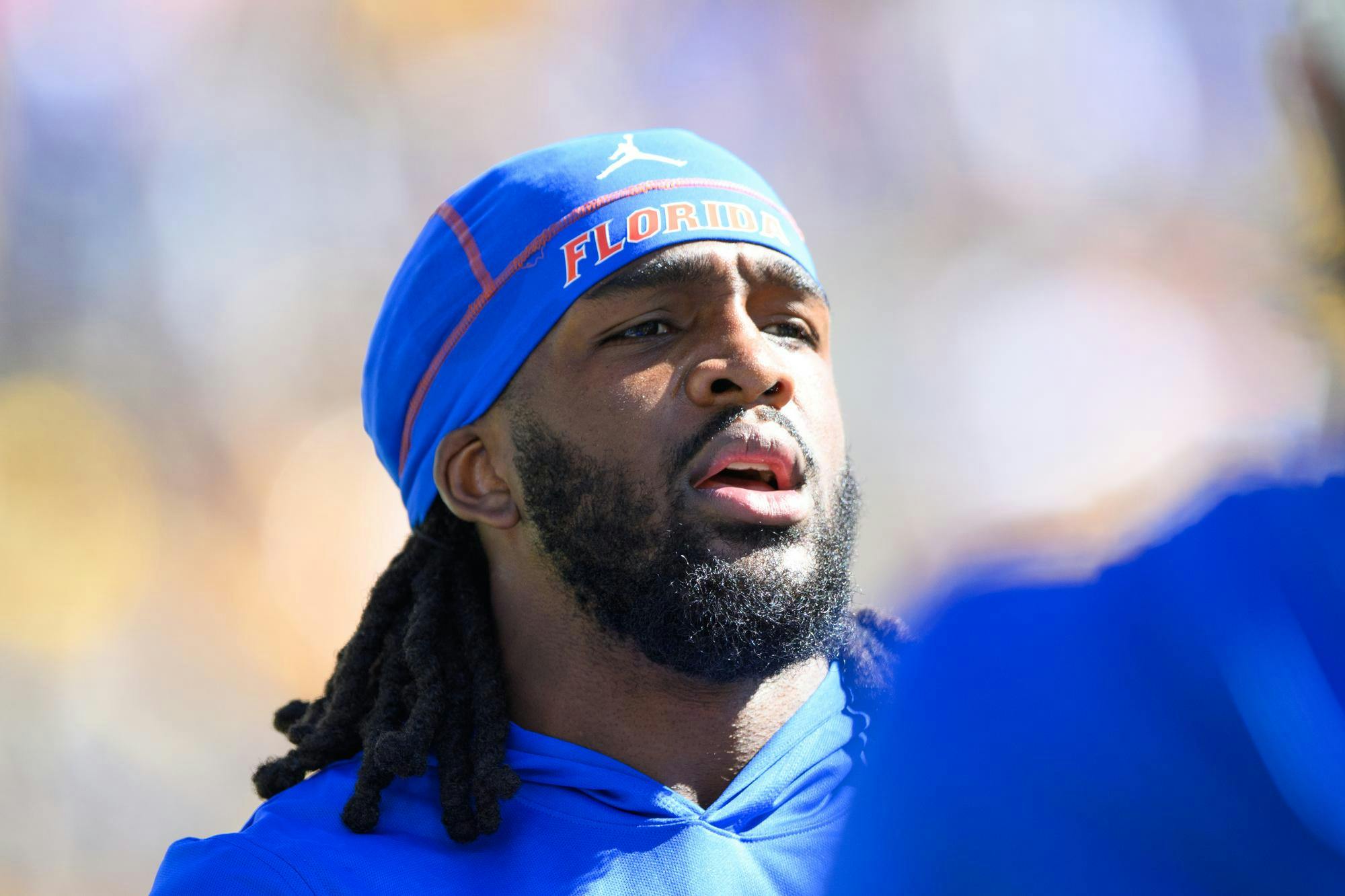 Florida inside linebacker Myles Graham (5) warms up before an NCAA college football game against Missouri, Saturday, Oct. 3, 2026, in Columbia, Mo.