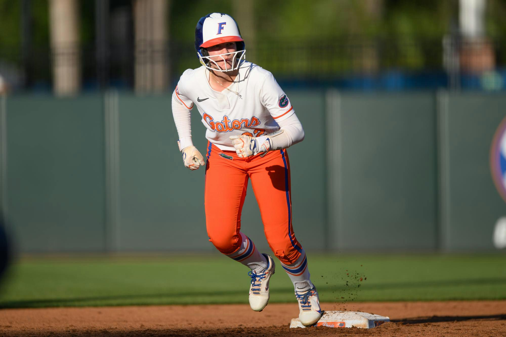 Florida outfielder Cassidy McLellan (22) leaves second base during an NCAA softball game against FGCU, Wednesday, April 15, 2026, in Gainesville, Fla.