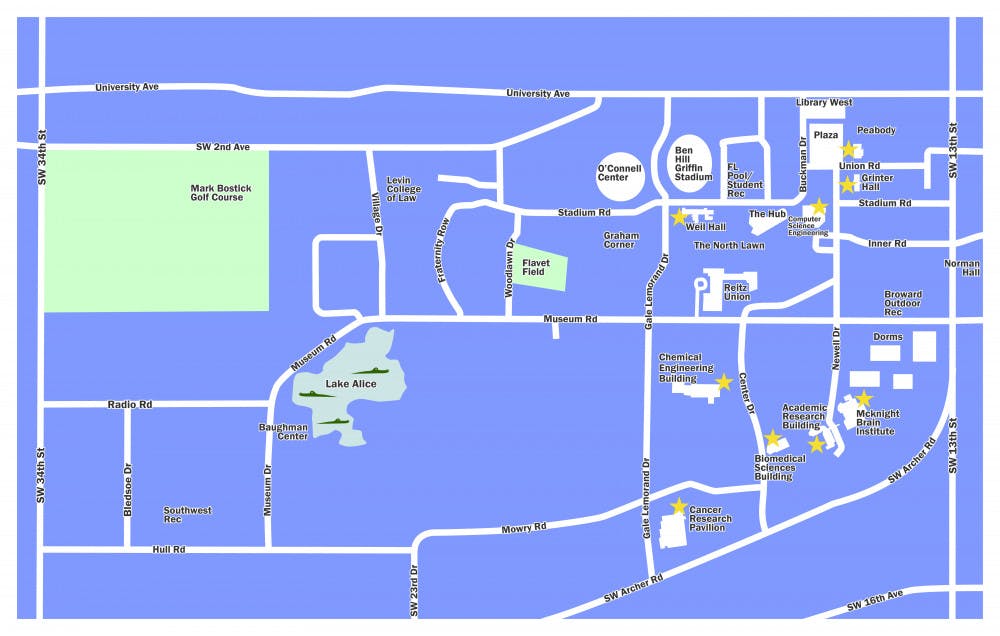 Drop-off locations for supplies are located on campus. Locations include Weil Hall, Room 370C; Grinter Hall, Room 123; Academic Research Building in the UF College of Medicine; Electrical and Computer Engineering Building; Cancer and Genetics Research Complex, Room 110; Biomedical Engineering Building, next to the elevator; Chemical Engineering Building, Second Floor; McKnight Brain Institute; Peabody Hall, Hispanic-Latino Affairs office in the Reitz Union; and the UF Information Booth.