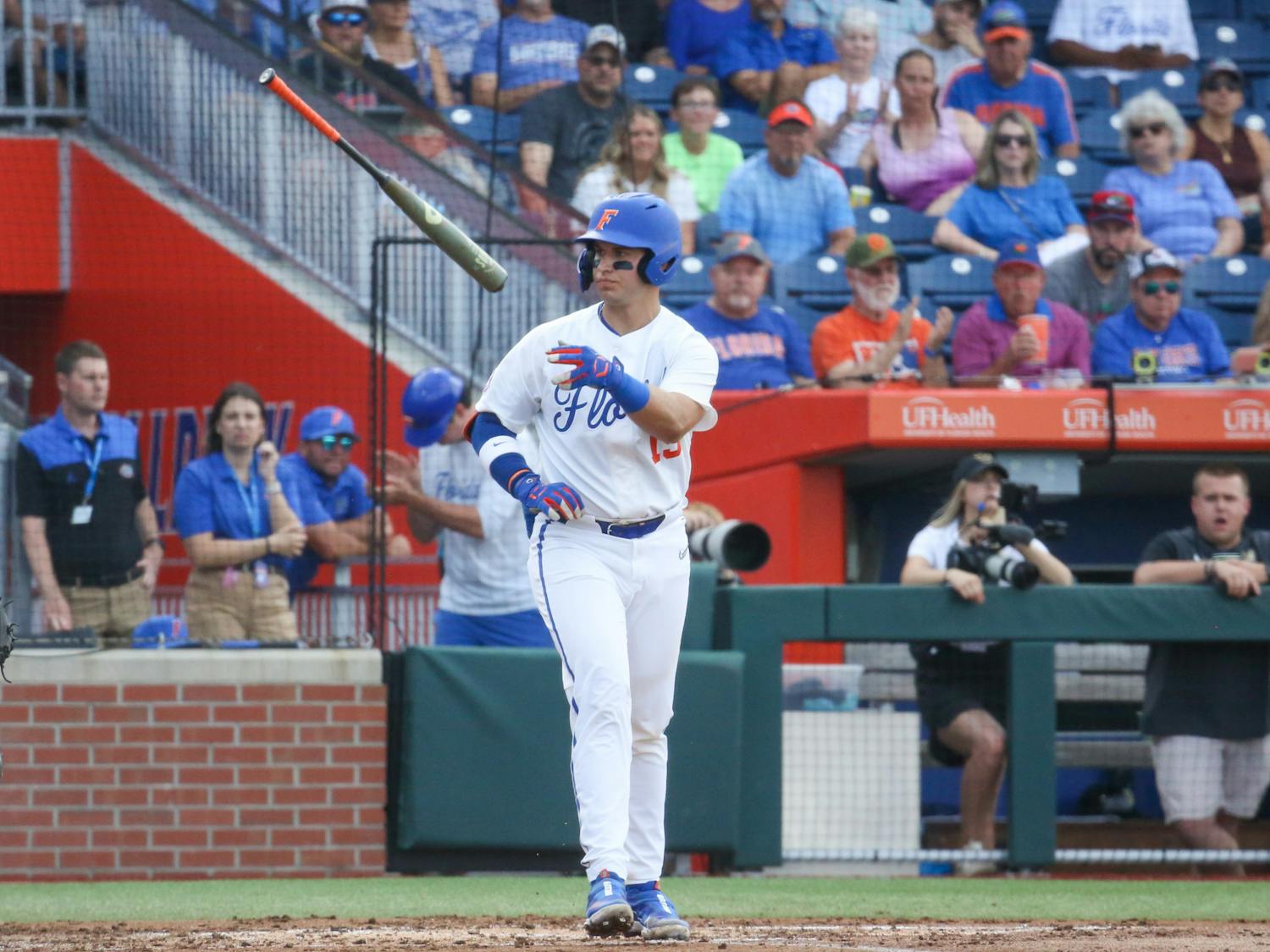 Florida catcher BT Riopelle flips his bat during the Gators' 10-0 win against Vanderbilt Friday, May 12, 2023.