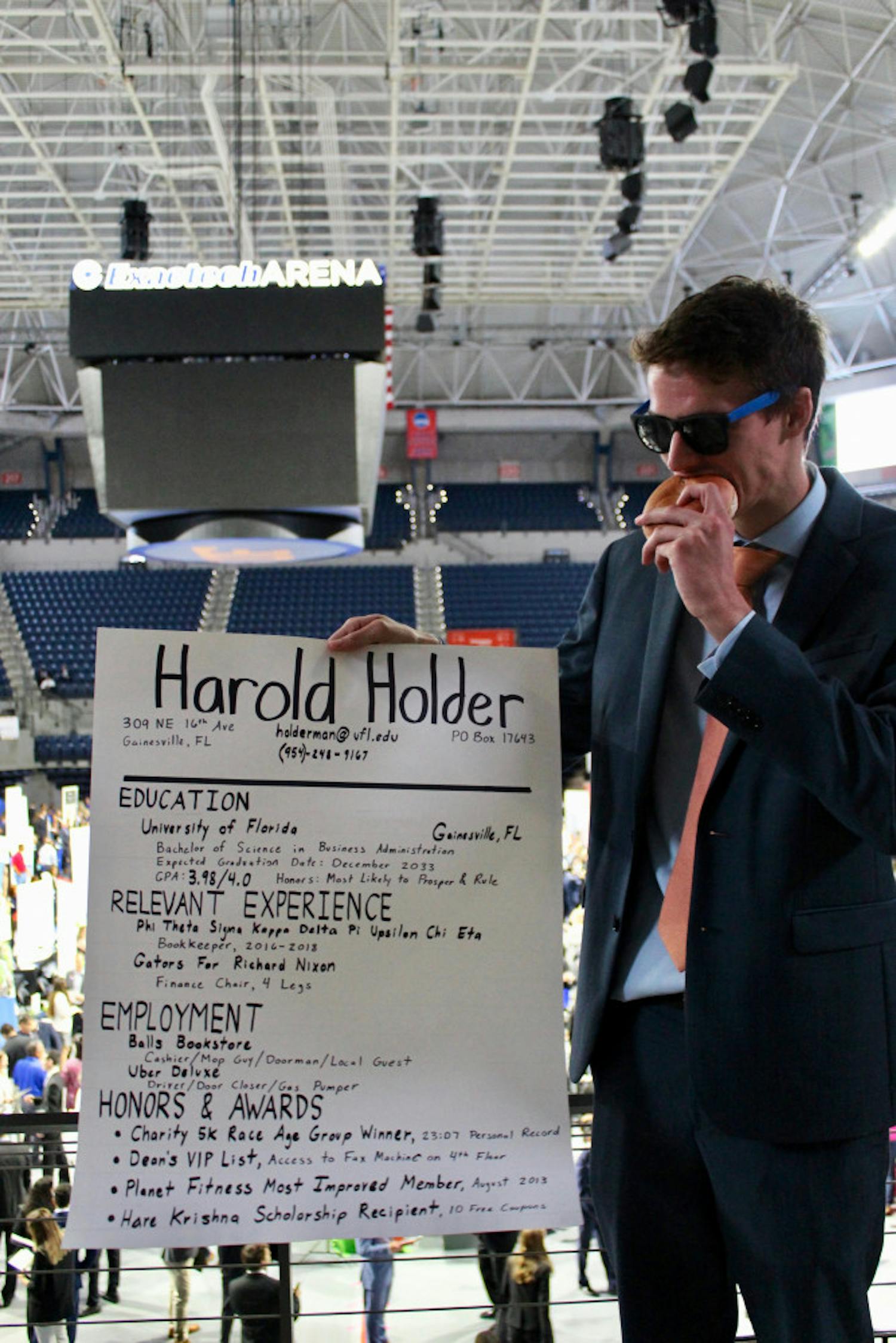 Kevin Kimbrough, a 23-year-old computer science engineering sixth year, played the character of “Harold Holder” to cheer up students and employers at Career Showcase.
