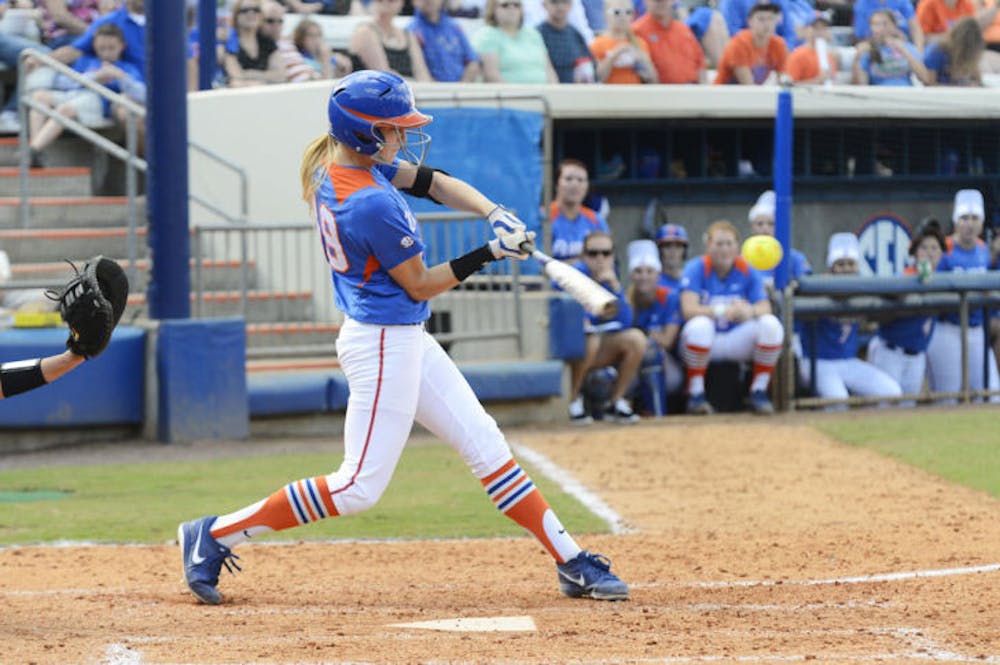 <p>Florida first baseman Taylor Schwarz (49) hits during Florida's 4-2 victory against Mississippi State on April 6 at Katie Seashole Pressly Stadium. Schwarz had one run after two attempts at bat. Schwarz homered twice in Florida's 9-5 win against Georgia in the Southeastern Conference Tournament semifinals.</p>