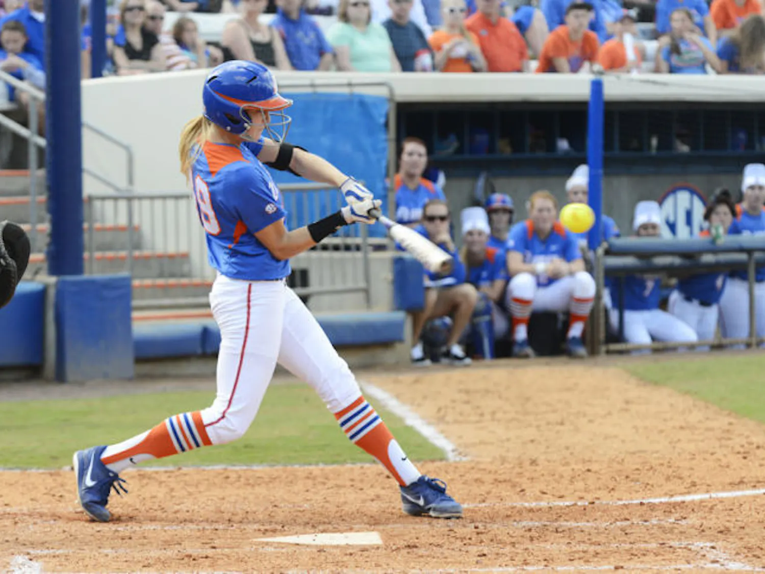 Florida first baseman Taylor Schwarz (49) hits during Florida's 4-2 victory against Mississippi State on April 6 at Katie Seashole Pressly Stadium. Schwarz had one run after two attempts at bat. Schwarz homered twice in Florida's 9-5 win against Georgia in the Southeastern Conference Tournament semifinals.