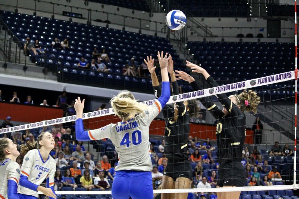 <p>Opposite/Setter Holly Carlton totaled six kills and five digs in Florida's sweep of Louisville.</p>