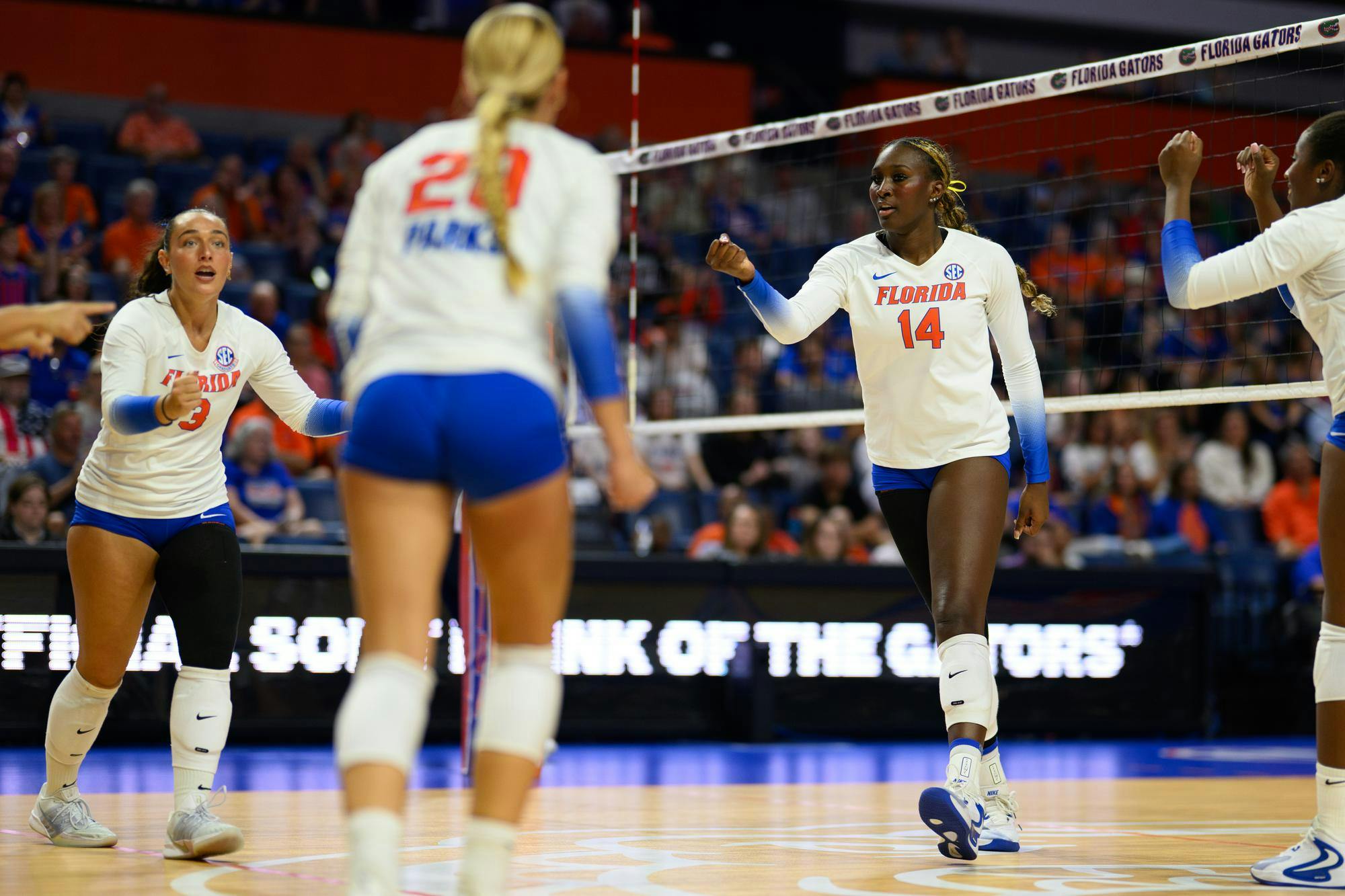 Florida outside hitter Jordyn Byrd (14) celebrates winning a point during an NCAA Volleyball match against FAU, Friday, Sept. 11, 2026, in Gainesville, Fla.