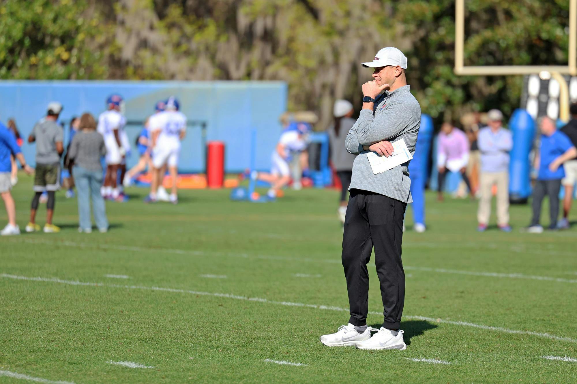 Florida football head coach Jon Sumrall observes practice during spring camp at the Heavener Football Training Center in Gainesville, Fla., on Tuesday, March 3, 2026. (Alyvia Logan/The Alligator)