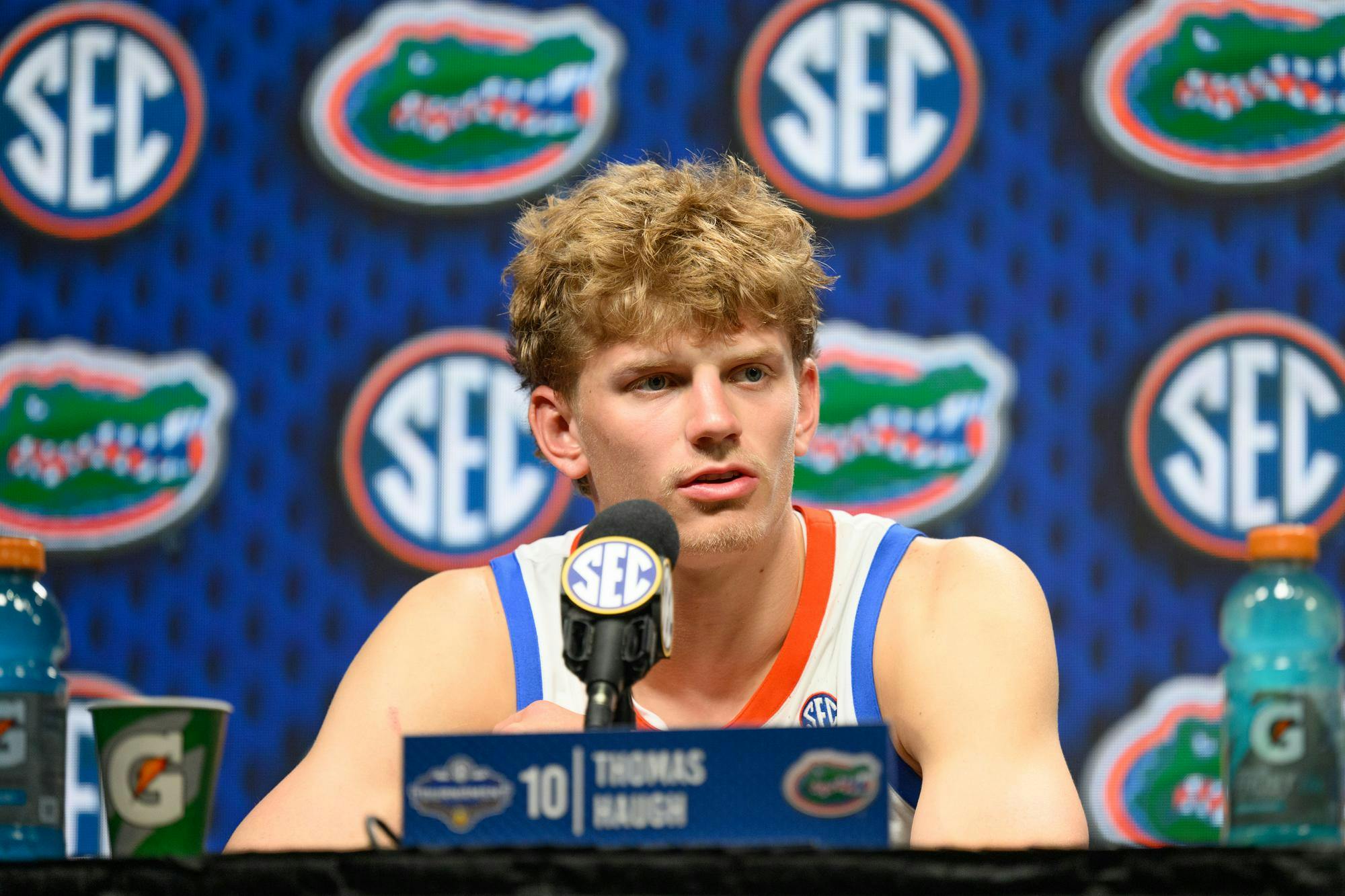 Florida forward Thomas Haugh speaks during the post-game press conference after an SEC Men's Basketball Tournament semifinal game against Vanderbilt, Saturday, March 14, 2026, in Nashville, Tenn.