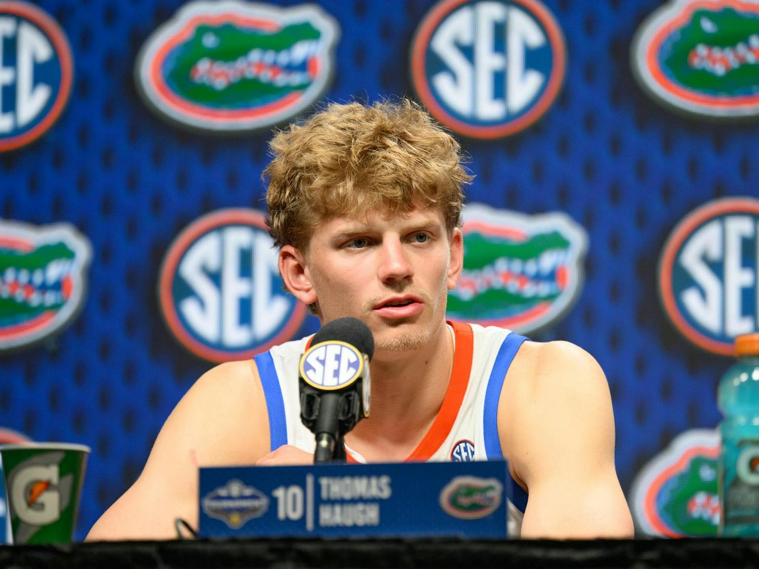 Florida forward Thomas Haugh speaks during the post-game press conference after an SEC Men's Basketball Tournament semifinal game against Vanderbilt, Saturday, March 14, 2026, in Nashville, Tenn.