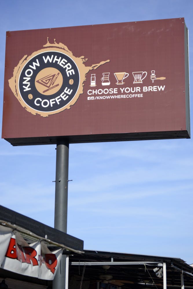 Pictured is the Know Where Coffee front sign, which is located on West University Avenue. The coffee shop will open Saturday.