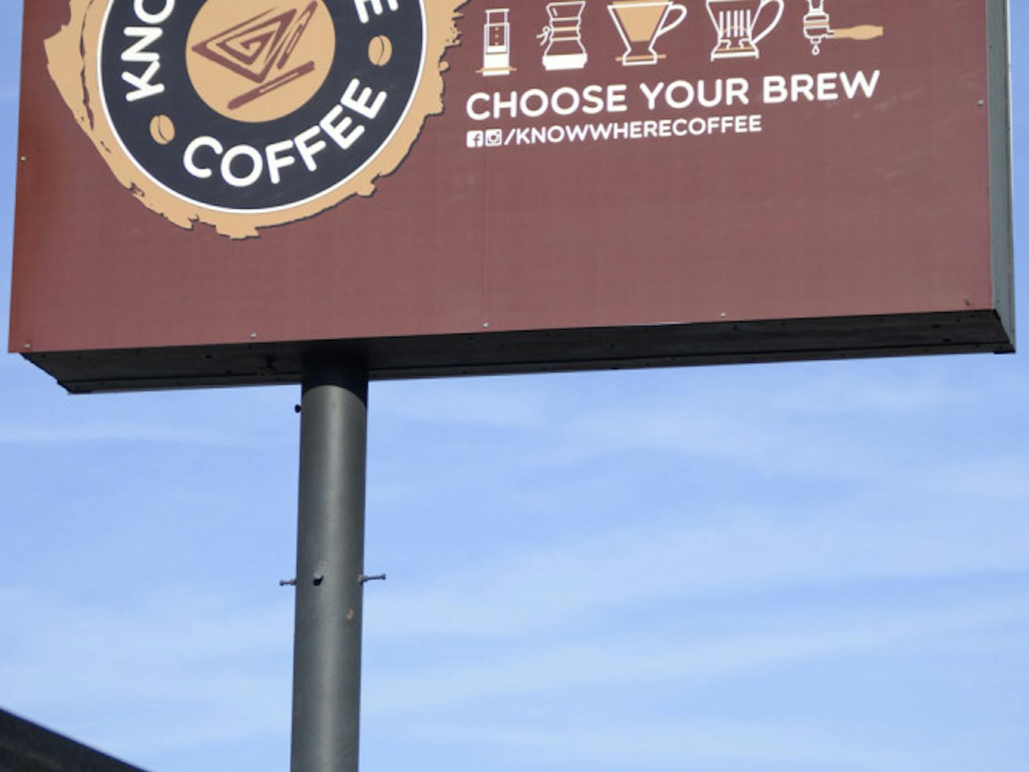 Pictured is the Know Where Coffee front sign, which is located on West University Avenue. The coffee shop will open Saturday.