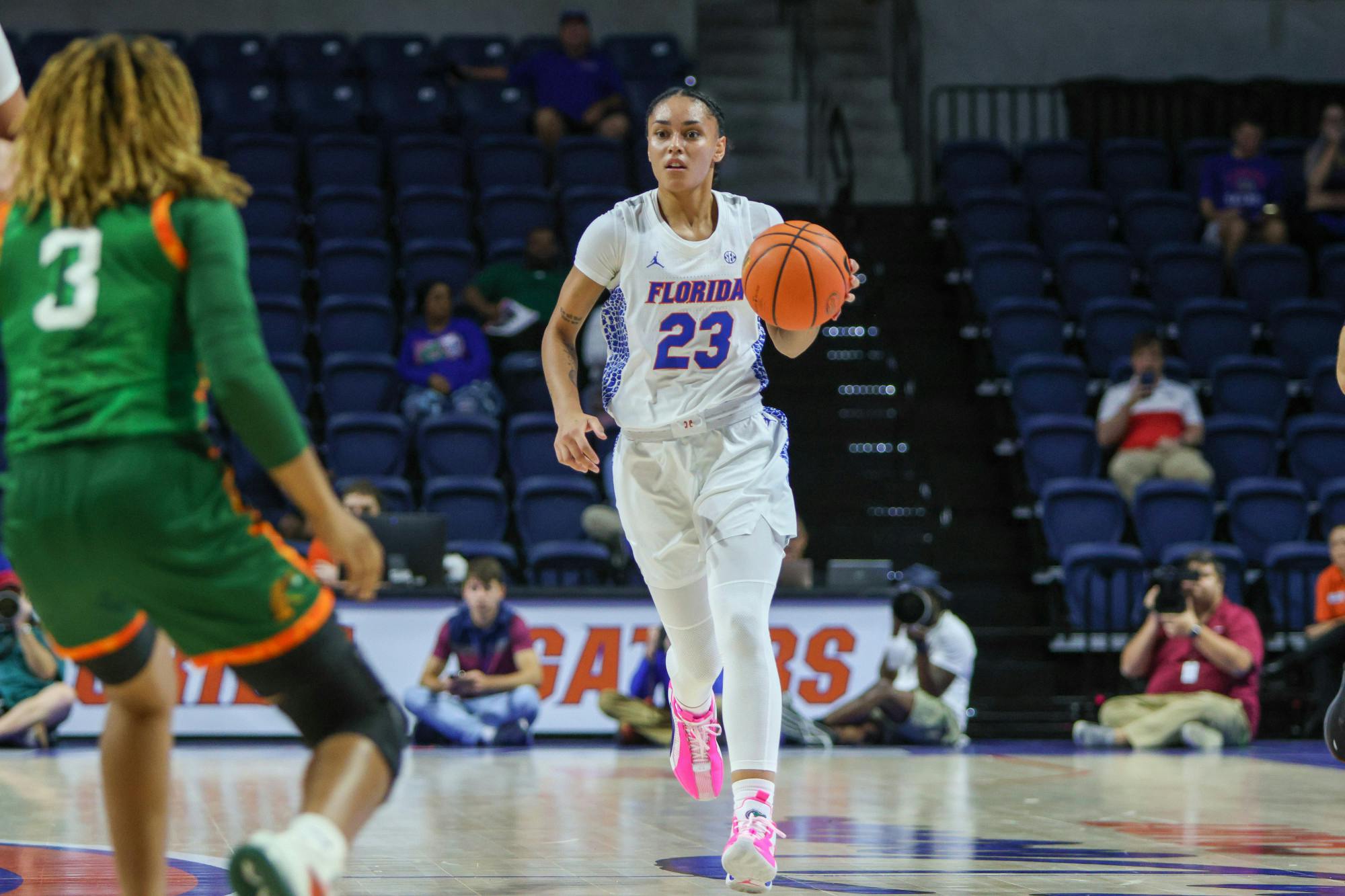 Florida guard Leilani Correa brings the ball down the court in the Gators' 83-55 victory against the Florida A&M Rattlers Monday, Nov. 7, 2022.