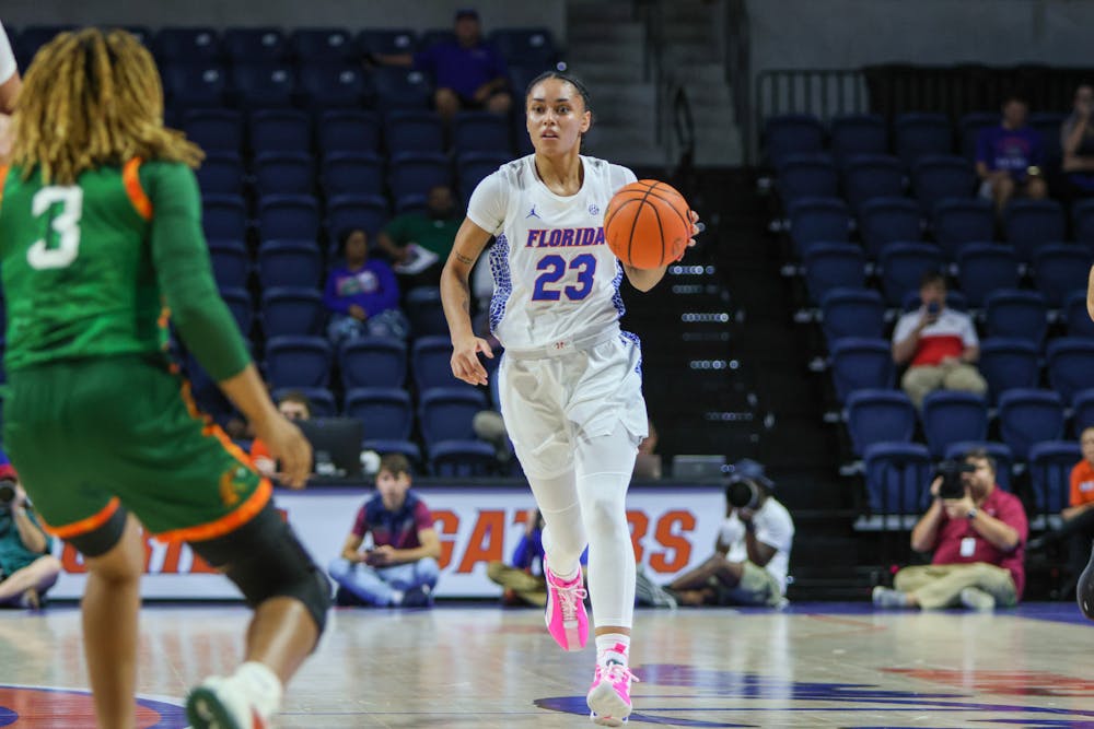 Florida guard Leilani Correa brings the ball down the court in the Gators' 83-55 victory against the Florida A&M Rattlers Monday, Nov. 7, 2022.