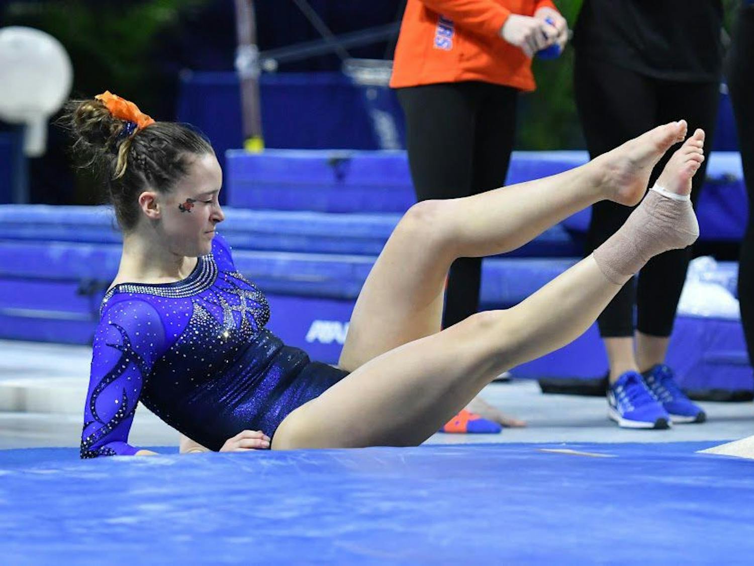 UF's Maegan Chant falls during a routine in Florida's win against Kentucky on Jan. 13, 2017, in the O'Connell Center.