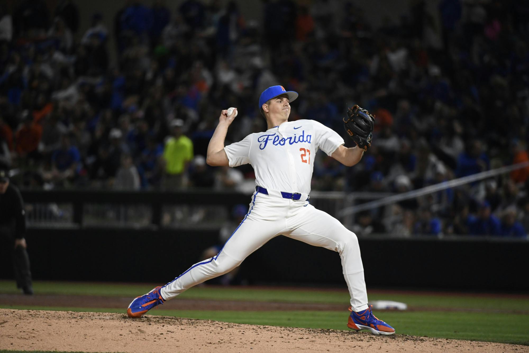 Gators baseball right-handed reliever Fisher Jameson strides to the plate in the team's loss to St. John's University on Friday, February 16, 2024. 