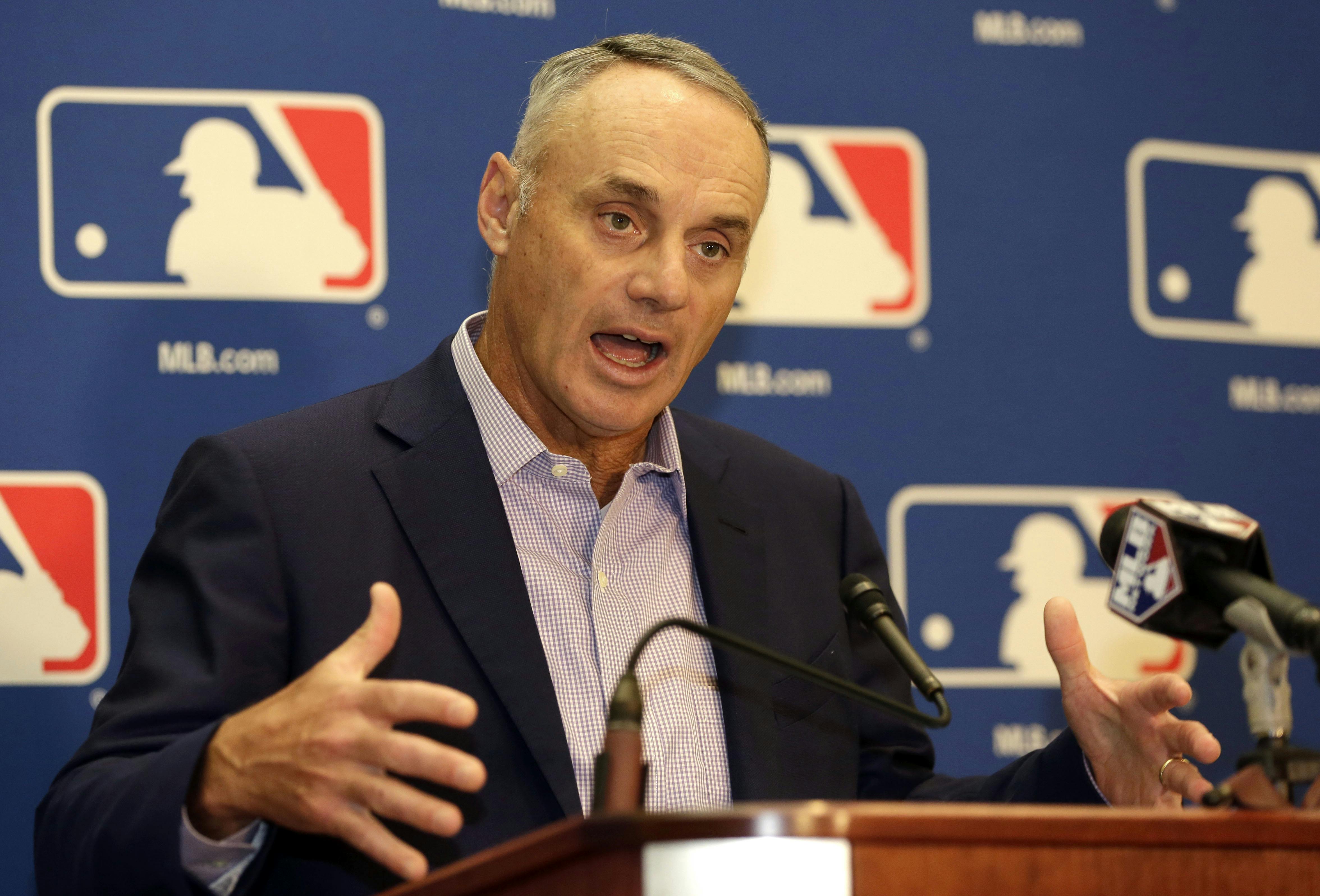 Major League Baseball Commissioner Rob Manfred speaks during a news conference following a meeting with MLB owners, Friday, Feb. 3, 2017, in Palm Beach, Fla. (AP Photo/Lynne Sladky)