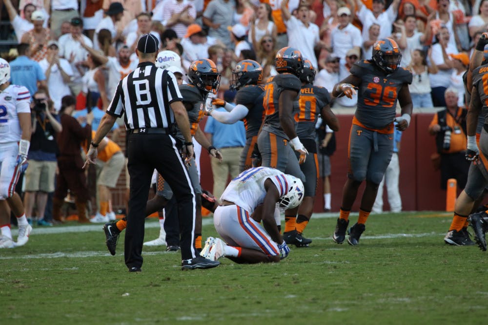 Antonio Callaway kneels after a play during Florida's 38-28 loss to Tennessee on Sept 24, 2016, at Neylan Stadium.