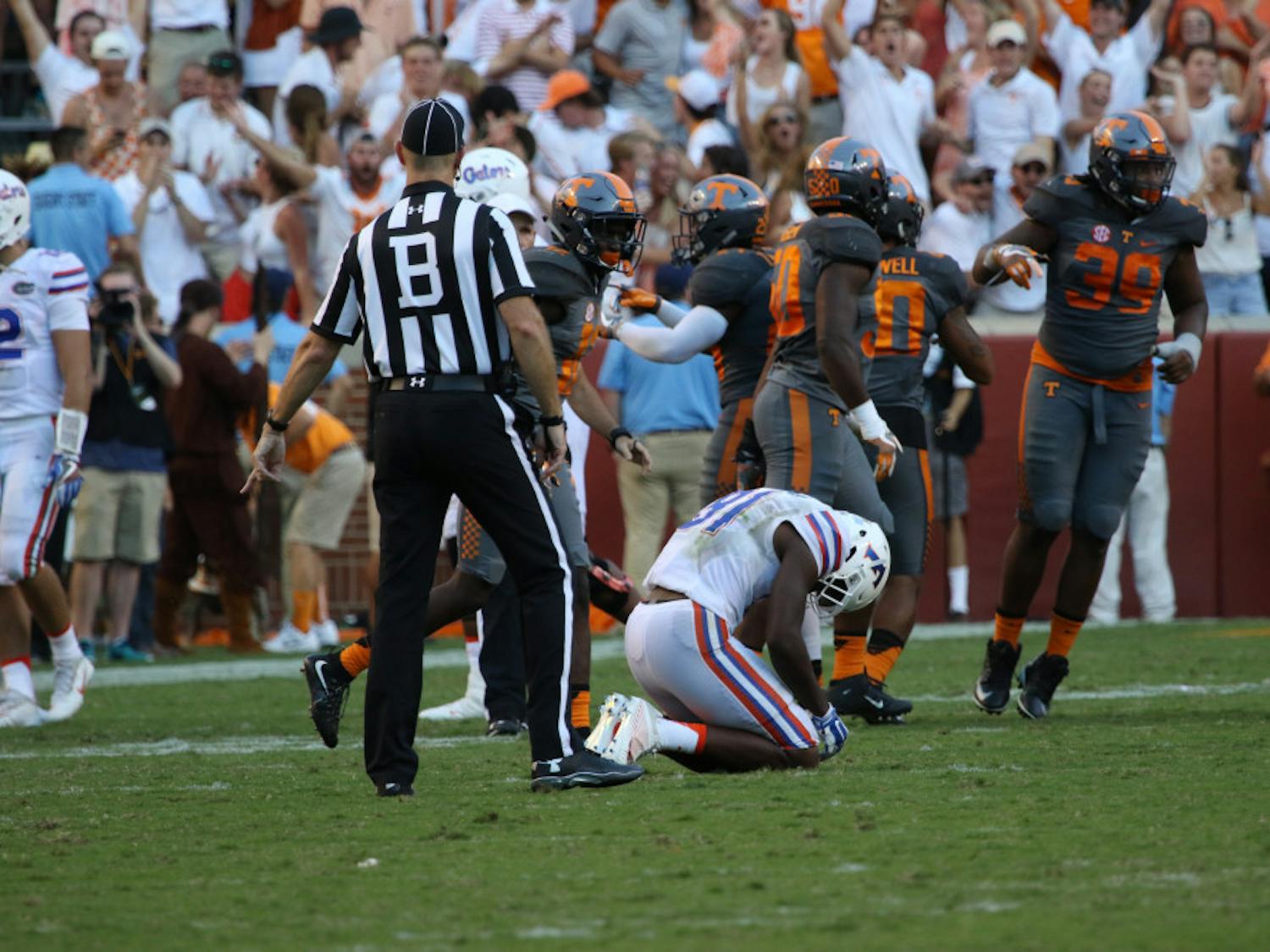 Antonio Callaway kneels after a play during Florida's 38-28 loss to Tennessee on Sept 24, 2016, at Neylan Stadium.