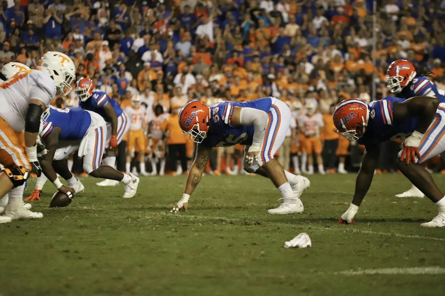 Florida&#x27;s Antonio Valentino sets up for a play against Tennessee on Sept. 25, 2021. He signed as an undrafted free agent with the New York Giants.