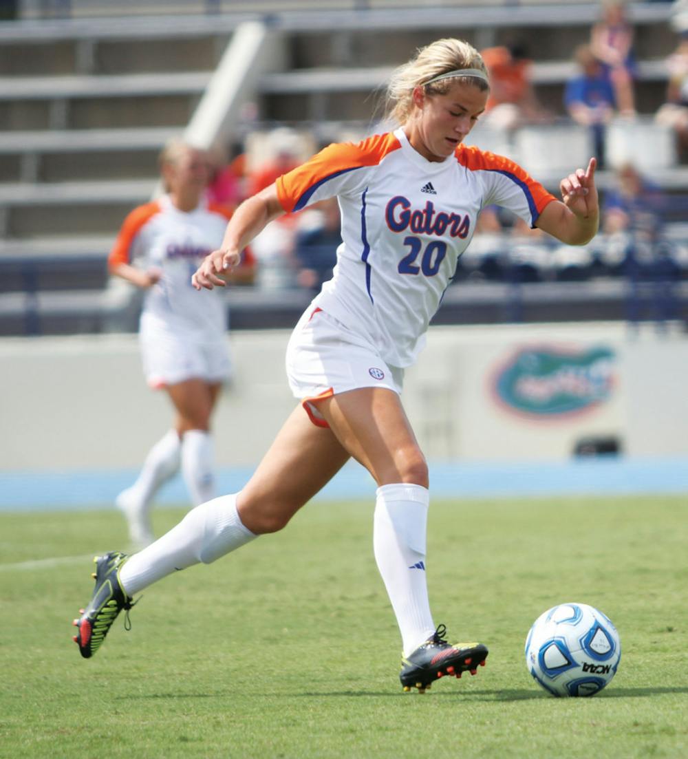 <p><span>Center back Christen Westphal pushes the ball during Florida’s 4-0 win against Arkansas on Sunday at James G. Pressly Stadium. Westphal is averaging 84.8 minutes per game this season.</span></p>
<div><span><br /></span></div>