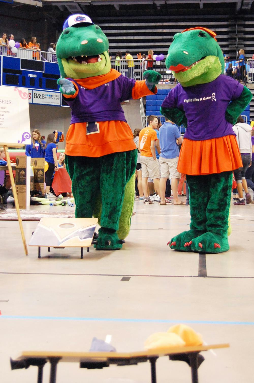 Albert and Alberta play a game of cornhole at UF's Relay for Life in the Stephen C. O'Connell Center on Friday evening. The event raised about $130,000.