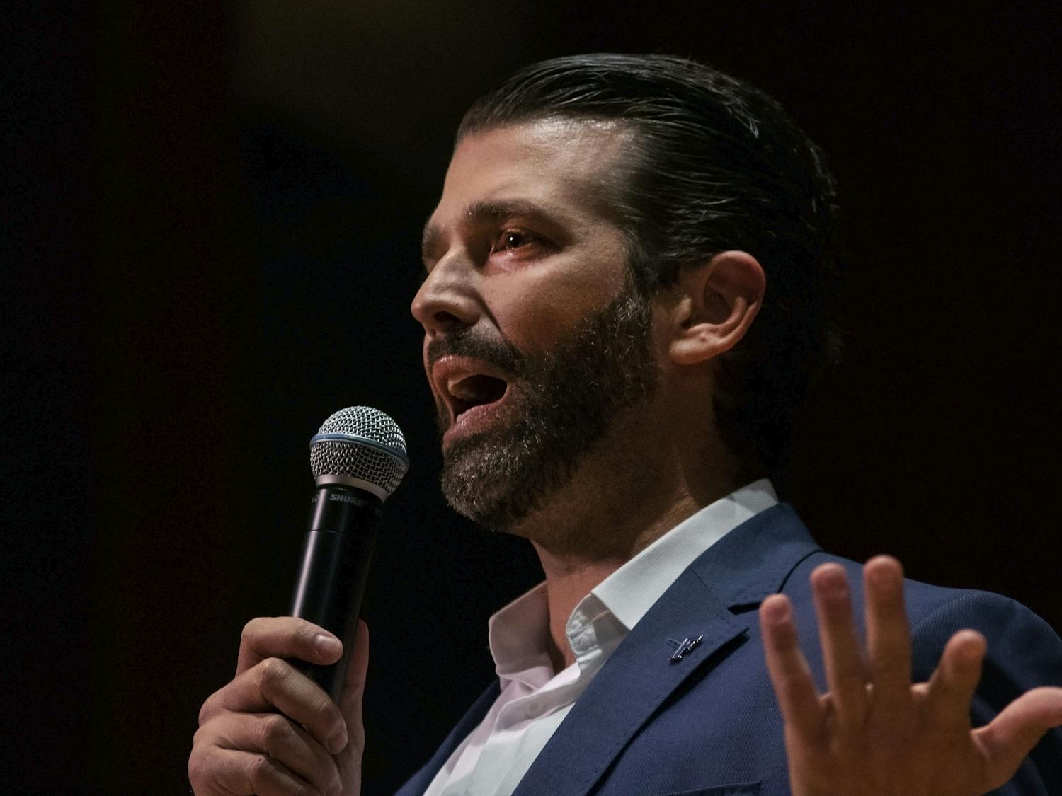 Donald Trump Jr. speaks to a crowd of more than 800 people Thursday evening. Trump’s speech was met with a mixture of cheers and boos.