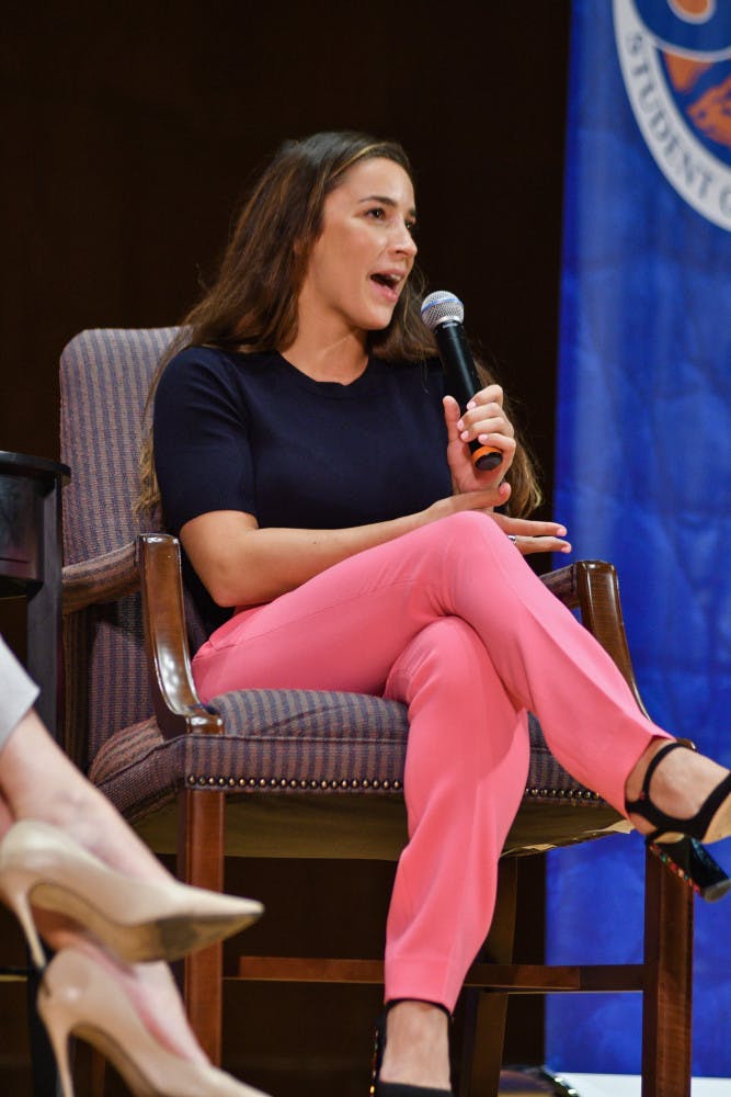 Aly Raisman, team captain of the gold medal-winning USA gymnastics team in 2012 and 2016, speaks Tuesday night at the University Auditorium. Raisman talked about her dream of becoming an Olympian and her training as well as the letter she wrote and read to her abuser Larry Nassar.  