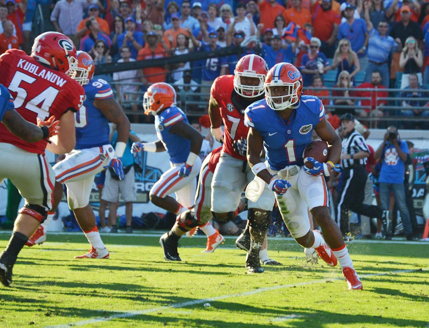 UF defensive back Vernon Hargreaves III returns an intercepted pass during the first half of Florida's 27-3 win against Georgia on Oct. 31, 2015, at EverBank Field in Jacksonville.