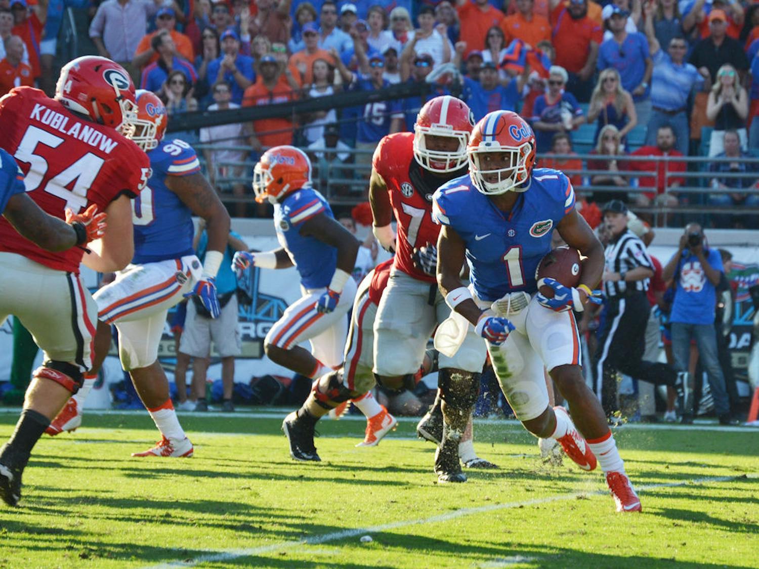 UF defensive back Vernon Hargreaves III returns an intercepted pass during the first half of Florida's 27-3 win against Georgia on Oct. 31, 2015, at EverBank Field in Jacksonville.